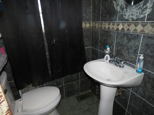 a bathroom with a sink a toilet and a mirror