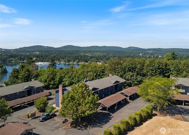 an aerial view of a house with a garden