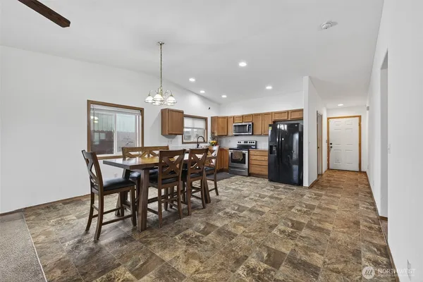 a view of a dining area with furniture