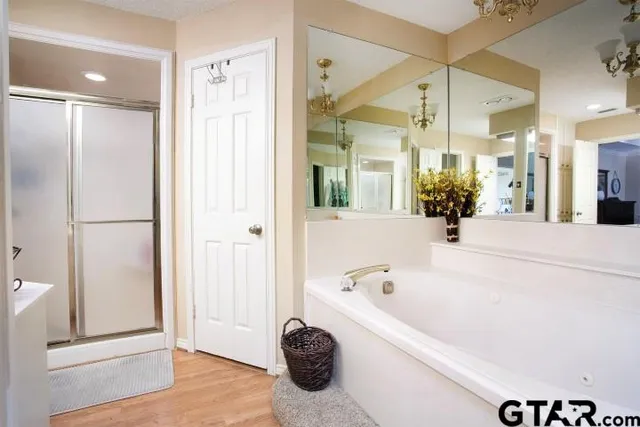 a bathroom with a tub shower and sink
