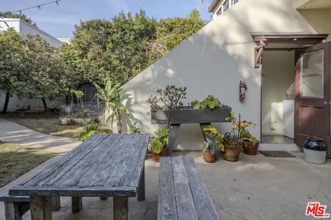 an outdoor space with furniture