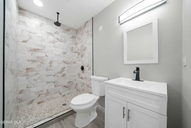 a bathroom with a sink a toilet and a mirror