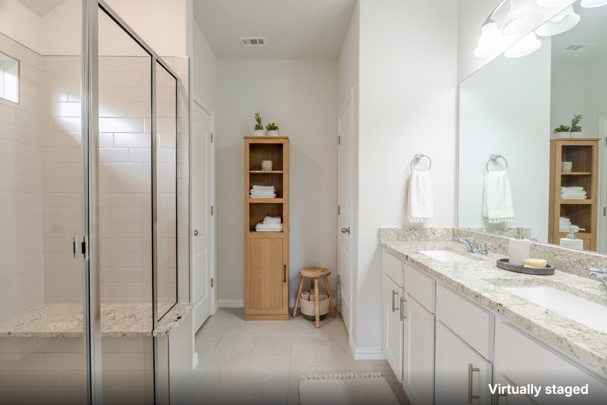 1117 Terrace View Georgetown, TX 78628 - Photo 9 of 25 A well-appointed bathroom features a spacious glass-enclosed shower and a vanity with dual sinks.