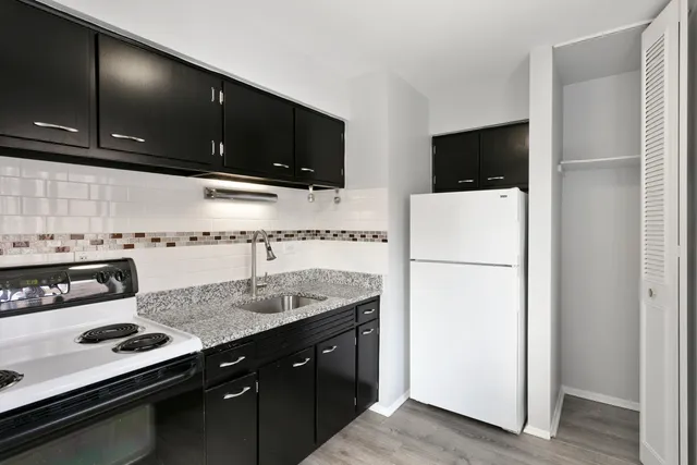 a kitchen with a sink a stove and a refrigerator