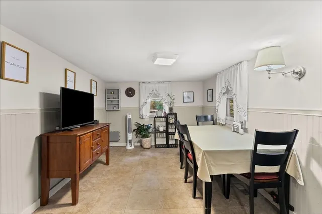 a view of a dining room with furniture and window