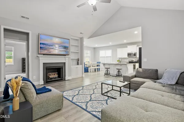 a living room with furniture and a fireplace