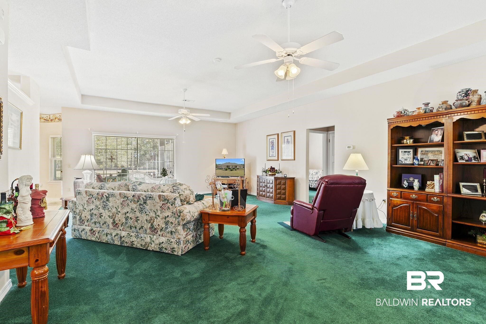 24130 Cowling Road Robertsdale, AL 36567 - Photo 14 of 71 Living room featuring a raised ceiling, ceiling fan, and dark colored carpet