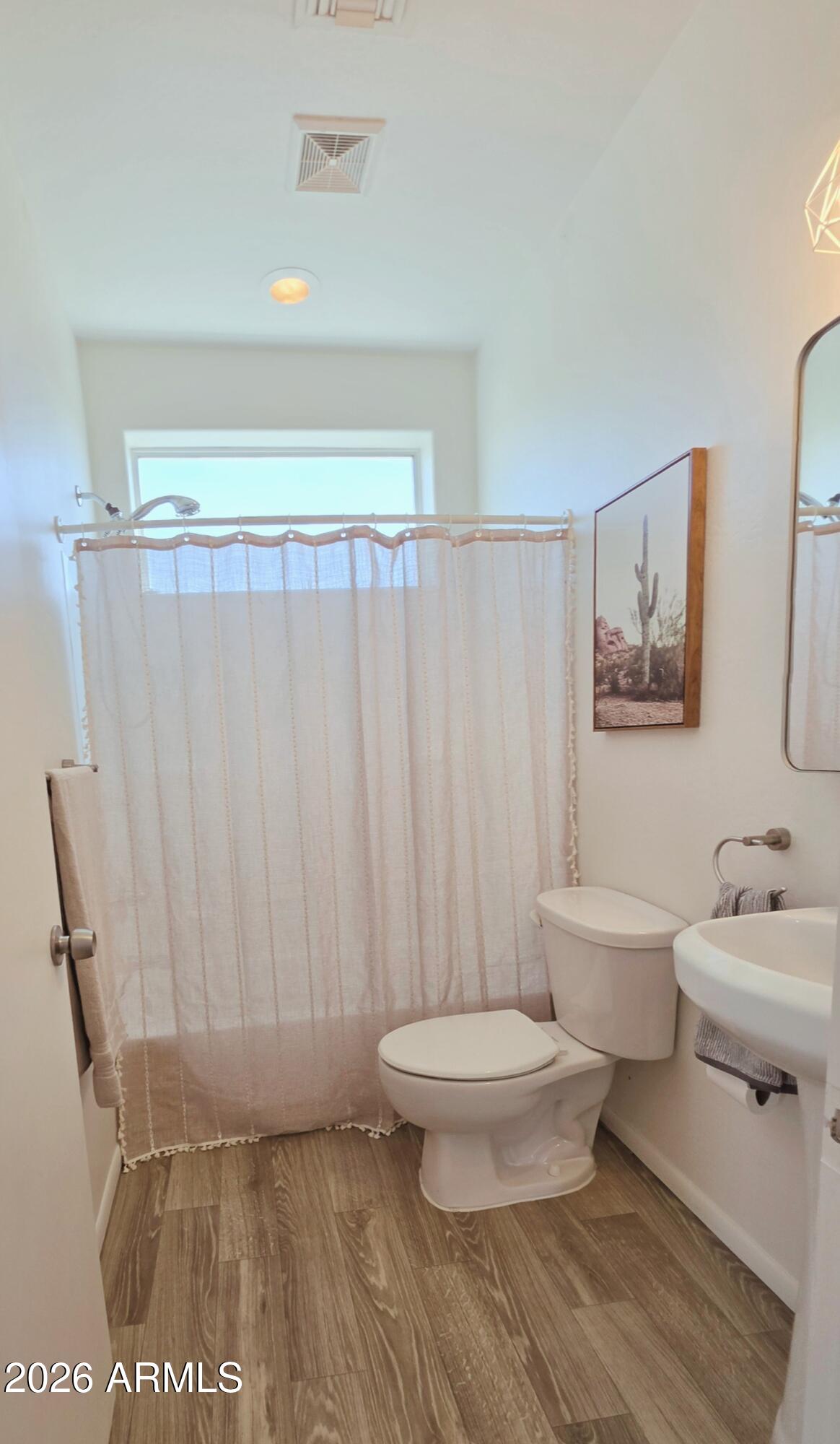 933 West Mercer Lane Phoenix, AZ 85029 - Photo 27 of 46 a bathroom with a sink a toilet a mirror and shower curtain