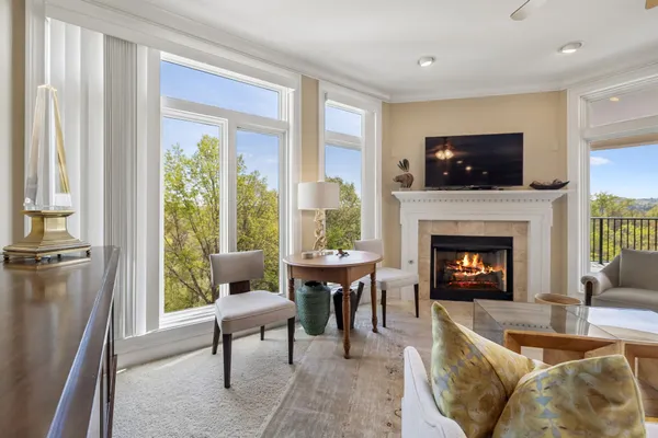a living room with furniture a potted plant and a fireplace