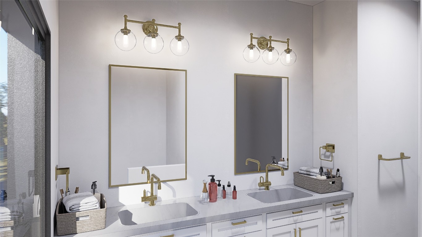 3335 East 12th Street, Unit 1 Austin, TX 78721 - Photo 6 of 12 a bathroom with double vanity sinks a mirror and a lamp