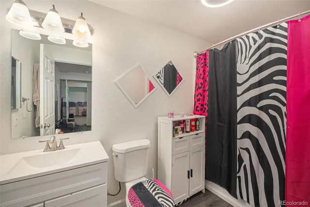 a bathroom with a sink vanity mirror and toilet