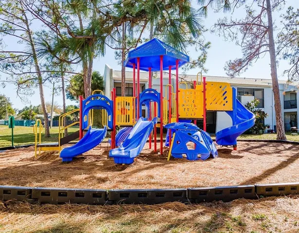 a view of a park with slide