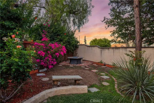 a view of a backyard with plants and a fountain