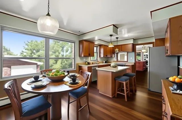 a dining room with stainless steel appliances a dining table and chairs