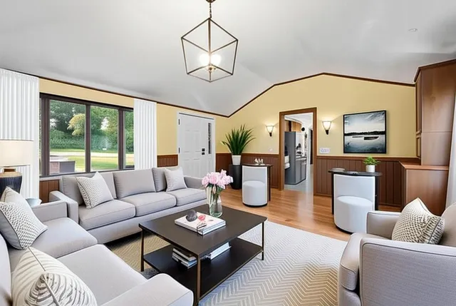 a living room with furniture fireplace and a large window