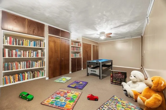 a bedroom with furniture and a book shelf