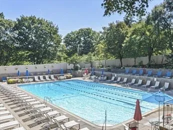 a view of a tennis ground with large trees