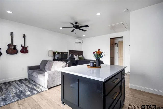 a living room with furniture and a table