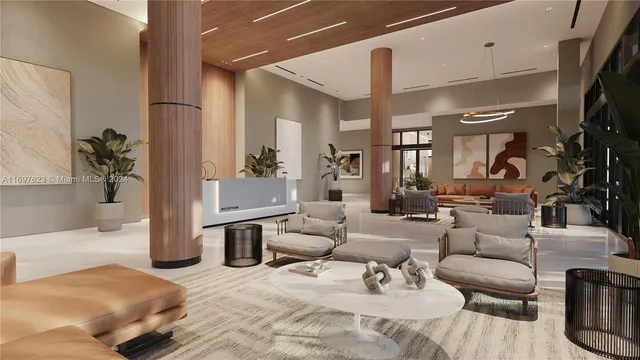 a living room with furniture and a potted plant