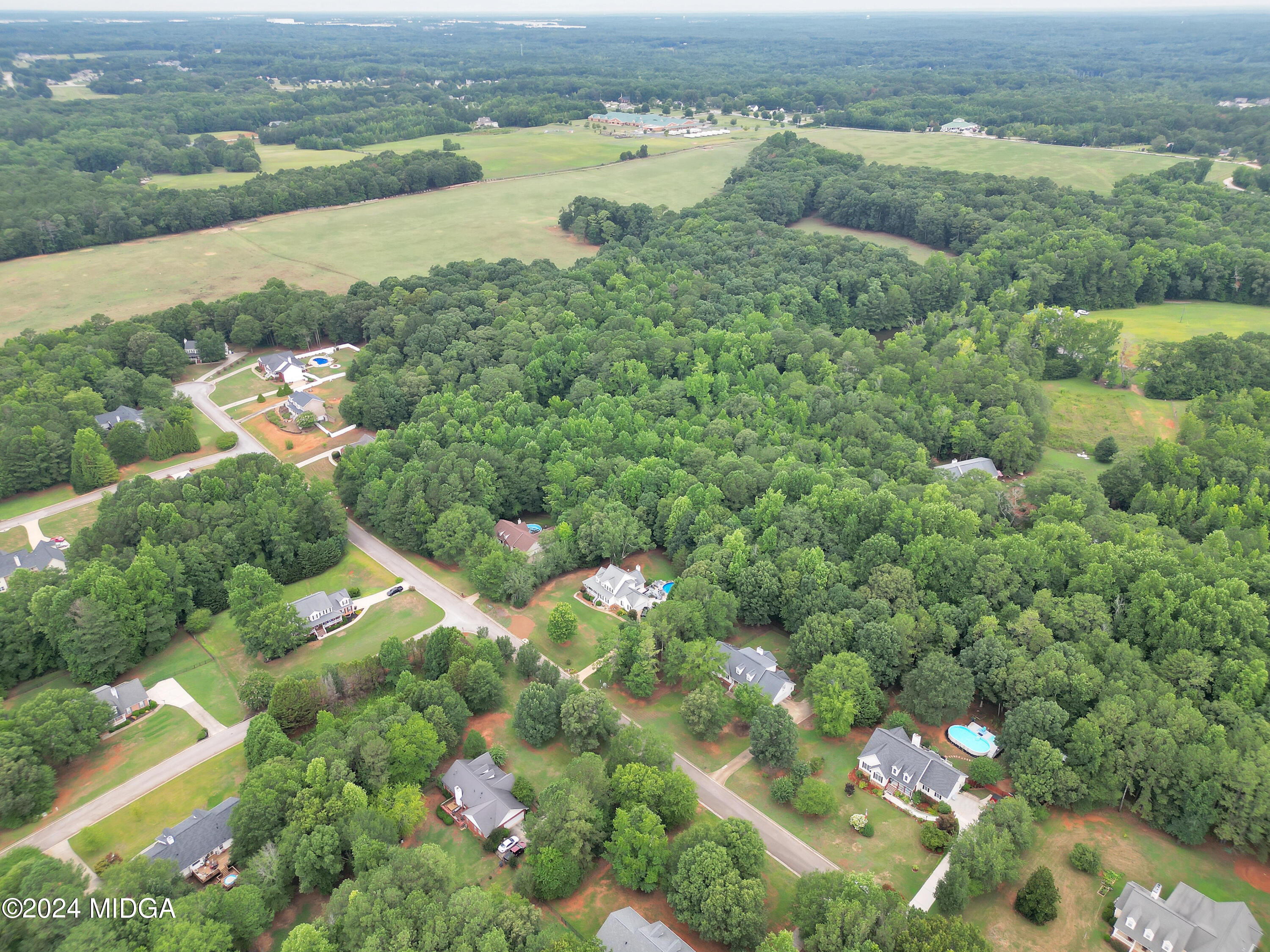 208 Brown Branch Road Locust Grove, GA 30248 - Photo 7 of 44 an aerial view of green landscape with trees houses and lake view