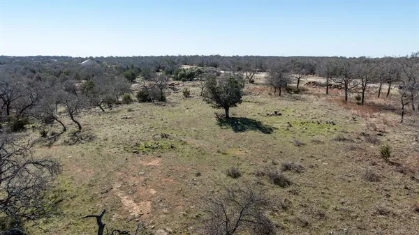 a view of a dry yard with trees in the background