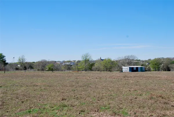 a view of a field with trees in background