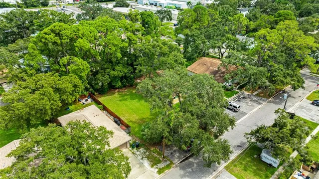 a view of a city with lush green forest
