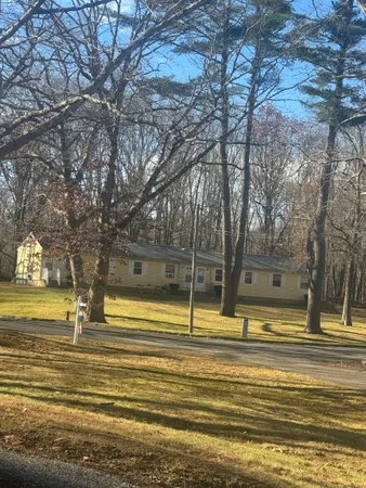 a view of pool and trees in the background