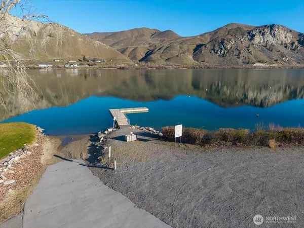 a view of a lake with a mountain in the background