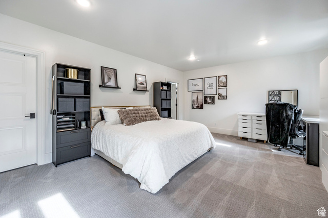 3247 South Mapleton Estates Drive Mapleton, UT 84664 - Photo 45 of 70 Bedroom featuring light colored carpet, an office area, and recessed lighting