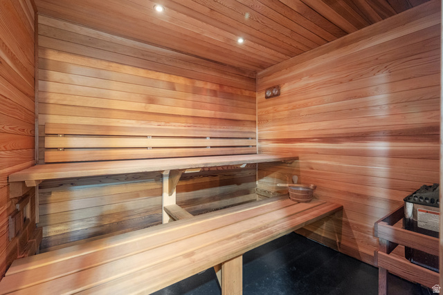 4221 Juniper Circle Alpine, UT 84004 - Photo 35 of 66 Custom sauna with cedar plank walls and ceiling, multi-level wood benches, and recessed lighting
