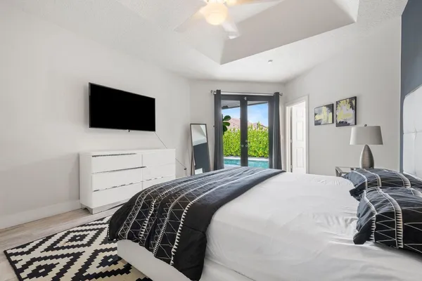 a bedroom with a bed and a flat screen tv