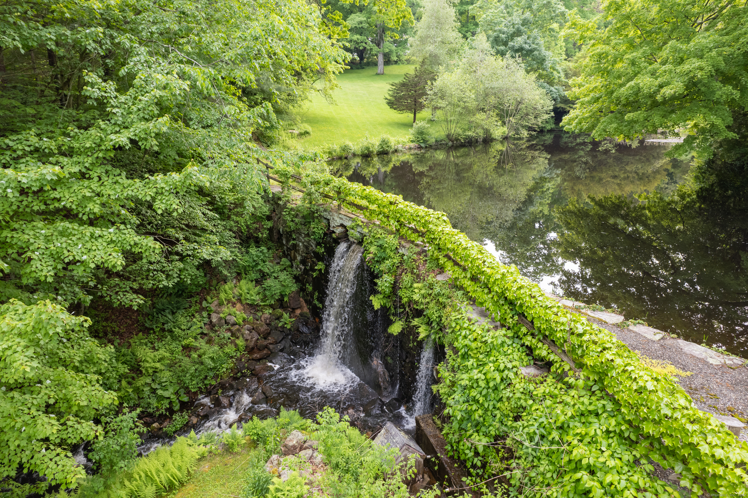 a view of a garden with a lake