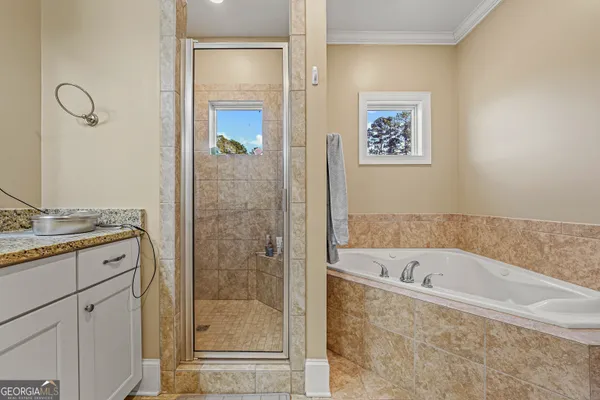 a bathroom with a bathtub and a shower