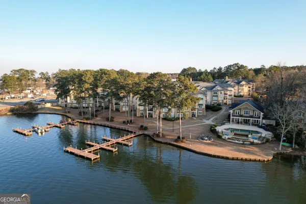 a view of a lake with houses