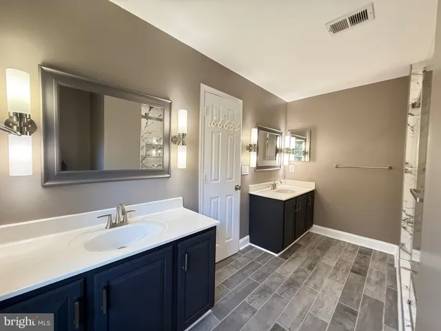 a bathroom with a sink shower and a mirror