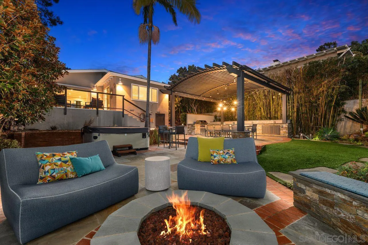 a view of a patio with couches and a fire pit