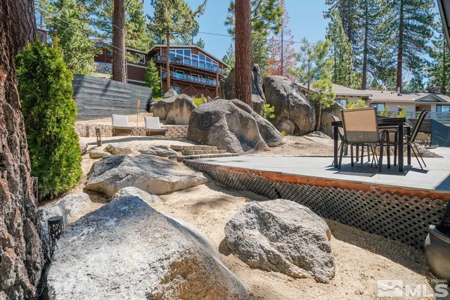 a view of backyard with swimming pool and outdoor seating