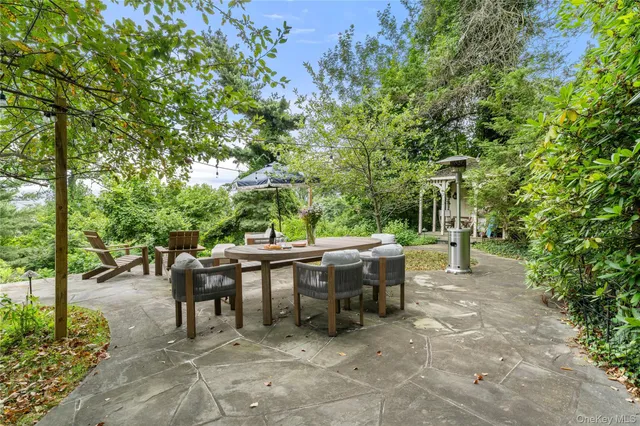 a view of a patio with table and chairs and potted plants