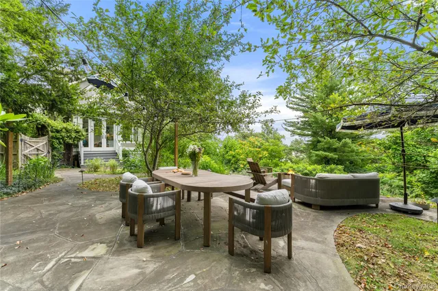 a backyard of a house with table and chairs