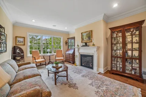 a living room with furniture a fireplace and a floor to ceiling window
