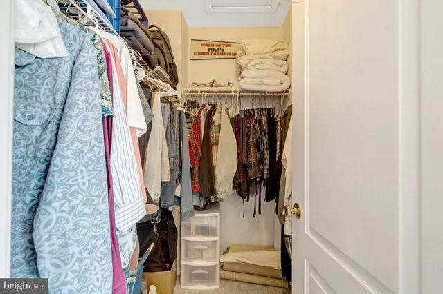 a view of walk in closet with clothes