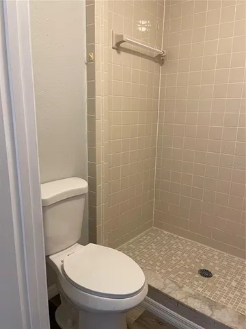 a bathroom with a toilet and a shower