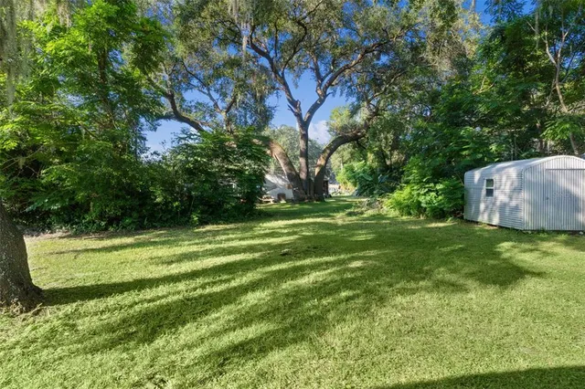 a backyard of a house with yard and trampoline