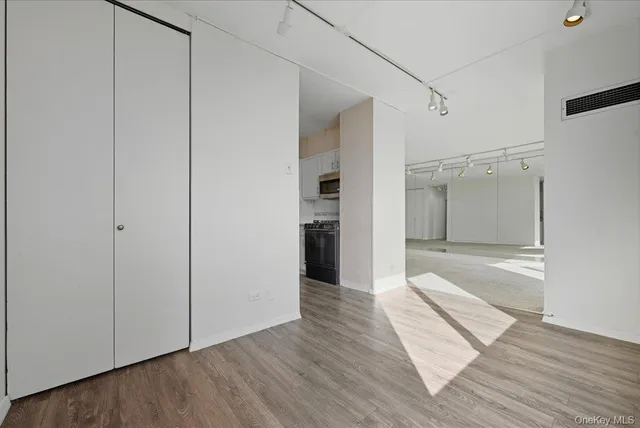 a view of a walk in closet with wooden floor