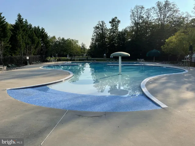 a view of a swimming pool with a yard