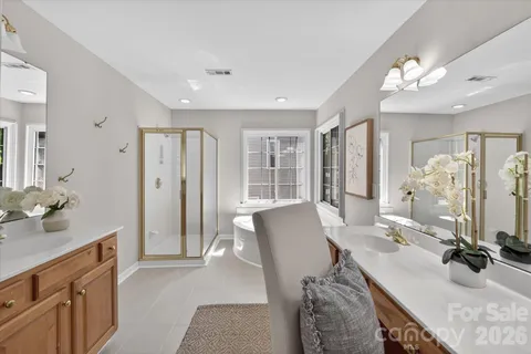 a bathroom with a granite countertop sink a large mirror and a shower