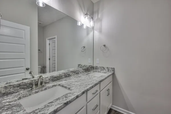 a bathroom with a granite countertop double vanity and a mirror