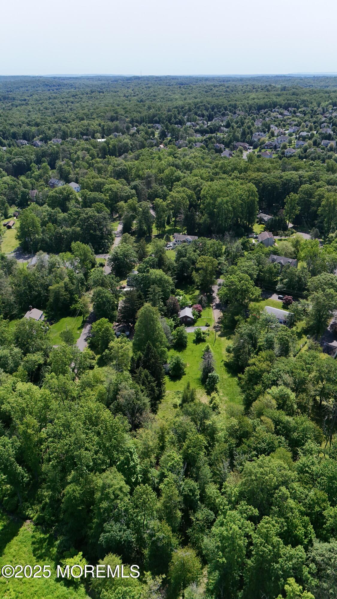 an aerial view of residential houses with outdoor space and trees