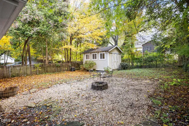 a backyard of a house with table and chairs